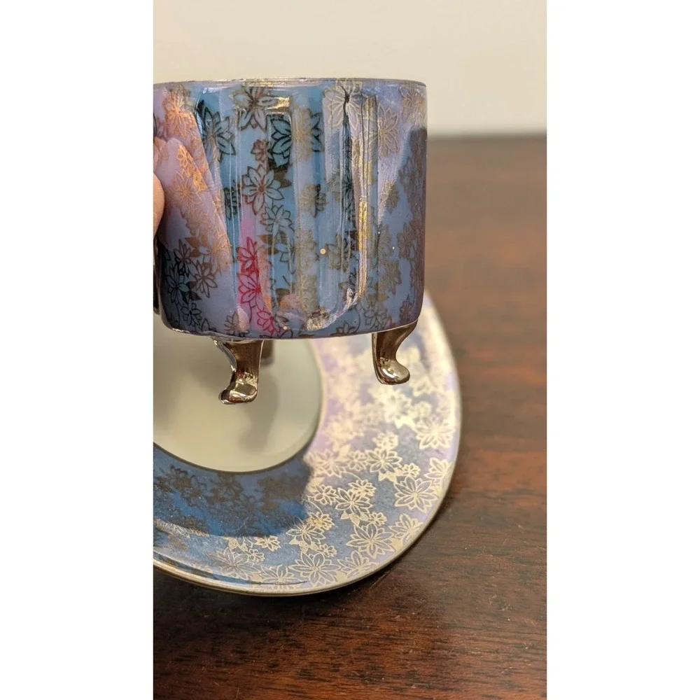 Vintage Mercator Bavaria Germany Footed Teacup Saucer Blue Floral Silver Luster